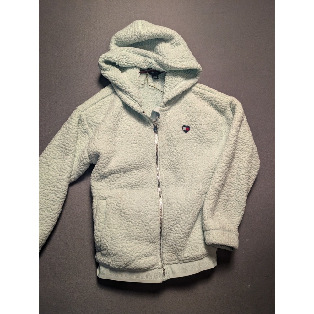 Tommy Hilfiger Girls Sherpa Hoodie L 12-14 Mint Green Full Zip Fleece Jacket